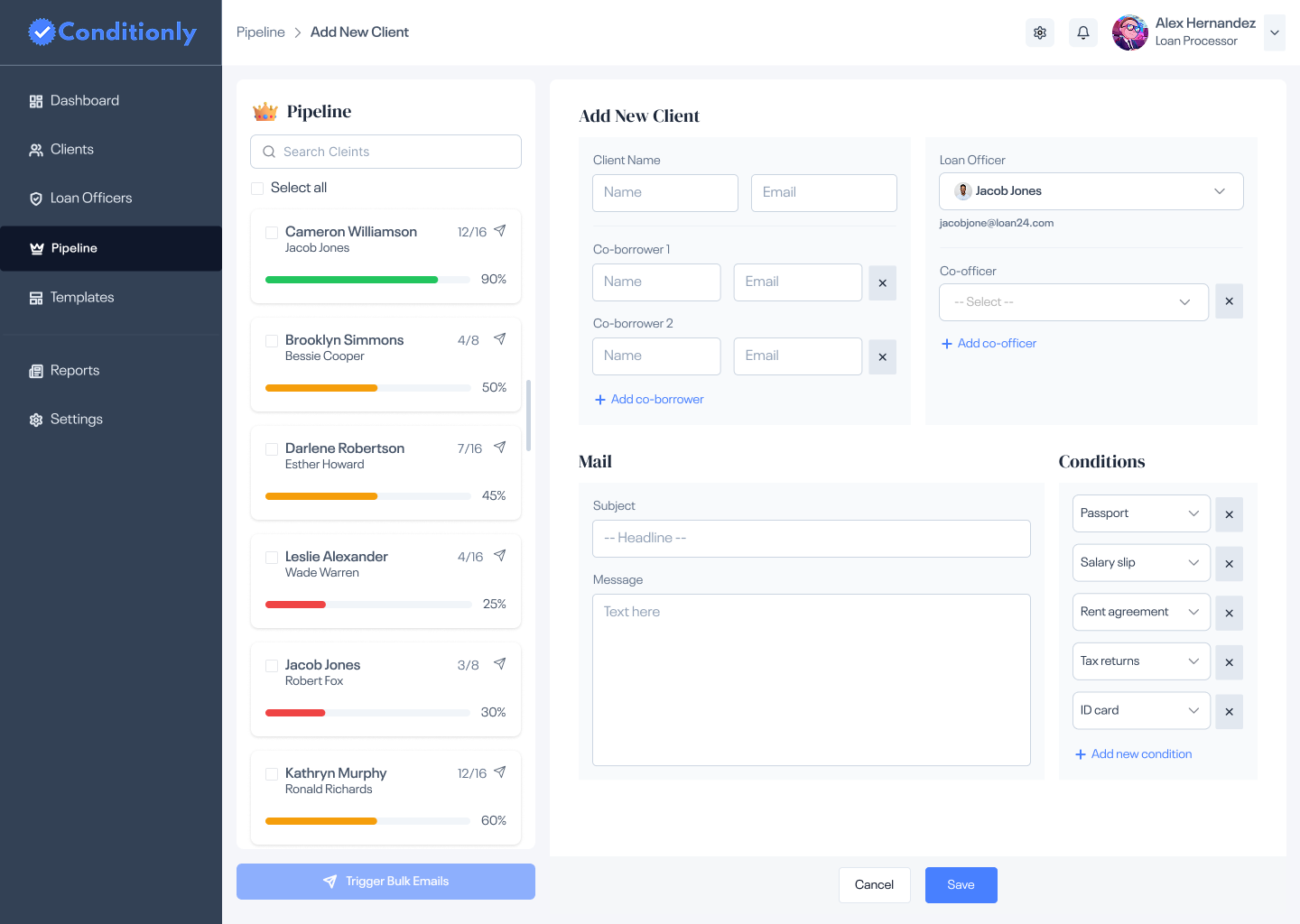 Add New Client form — co-borrowers, loan officer, mail, and conditions on one screen