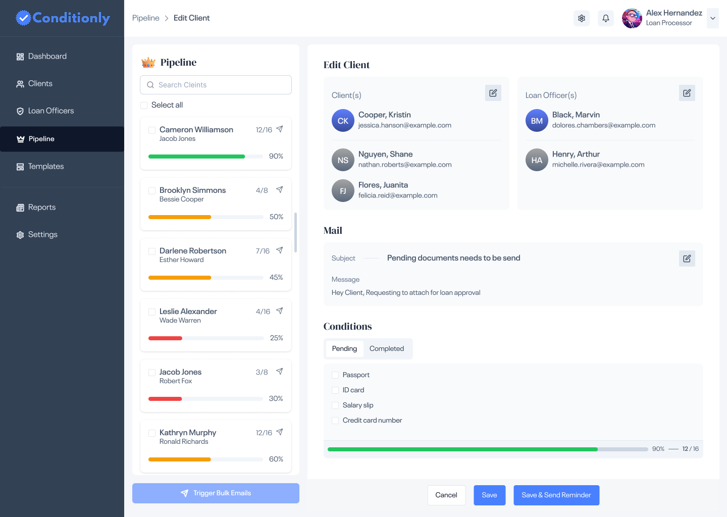 Edit Client — Pending and Completed condition tabs with progress bar