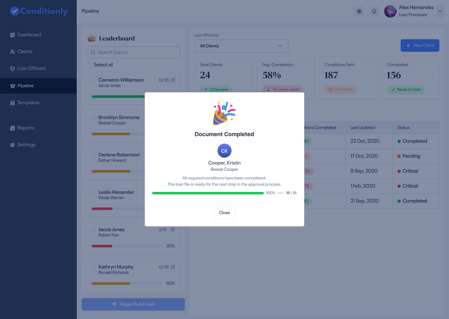 Document Completed modal — party popper 100% complete