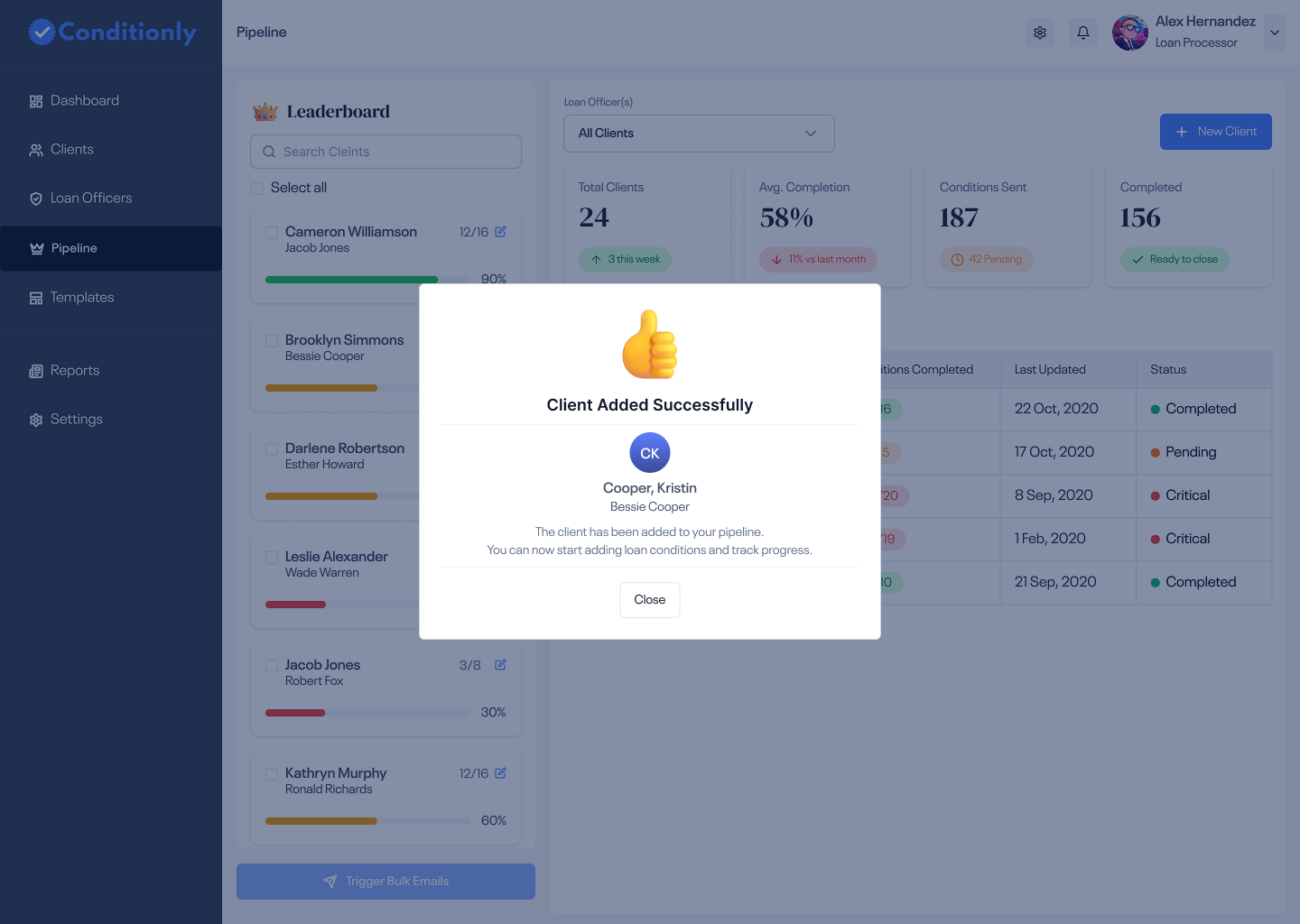 Client Added modal — thumbs up confirmation