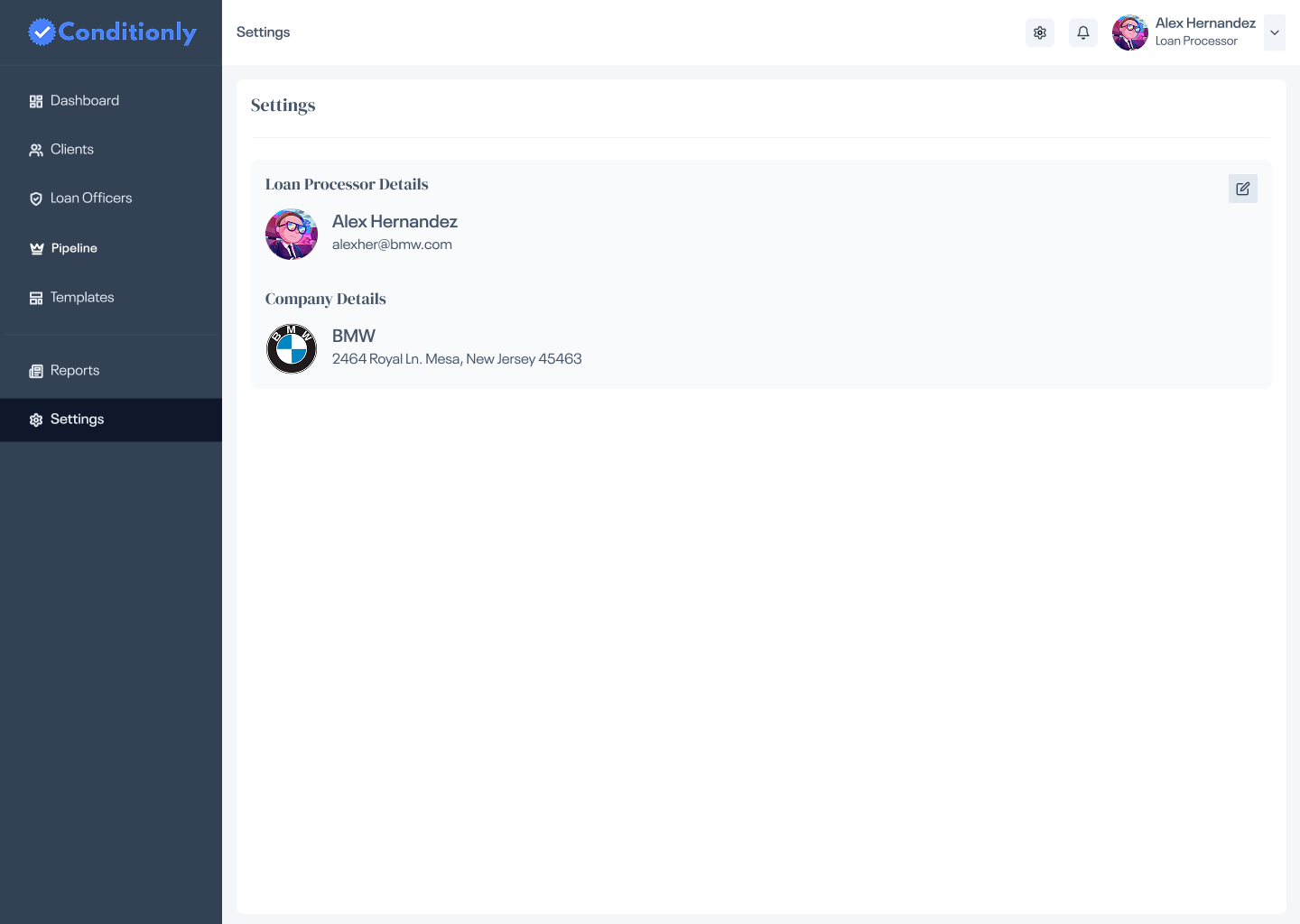 Settings — processor and company details