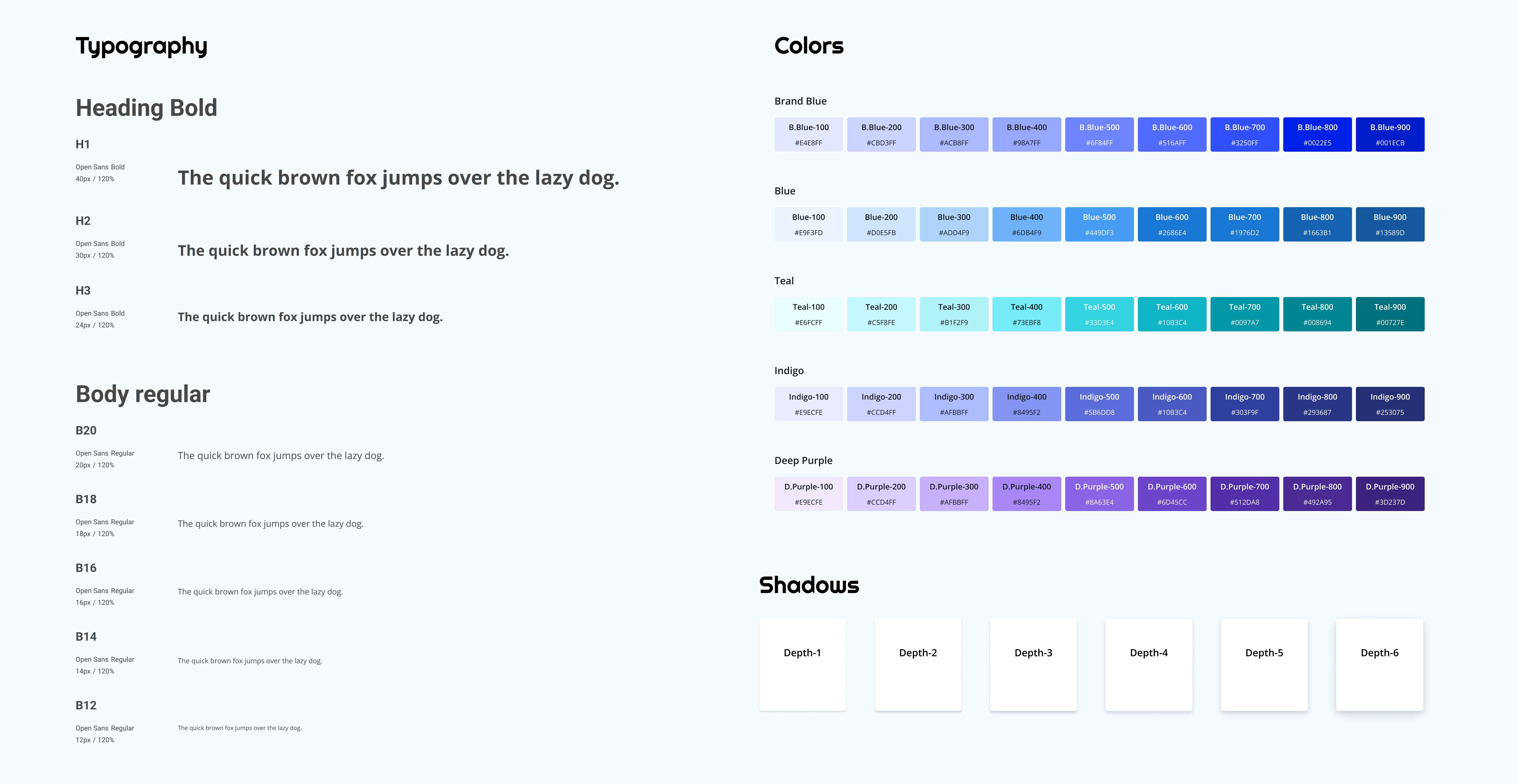 Floret — Typography scale, colour ramps, shadow depths