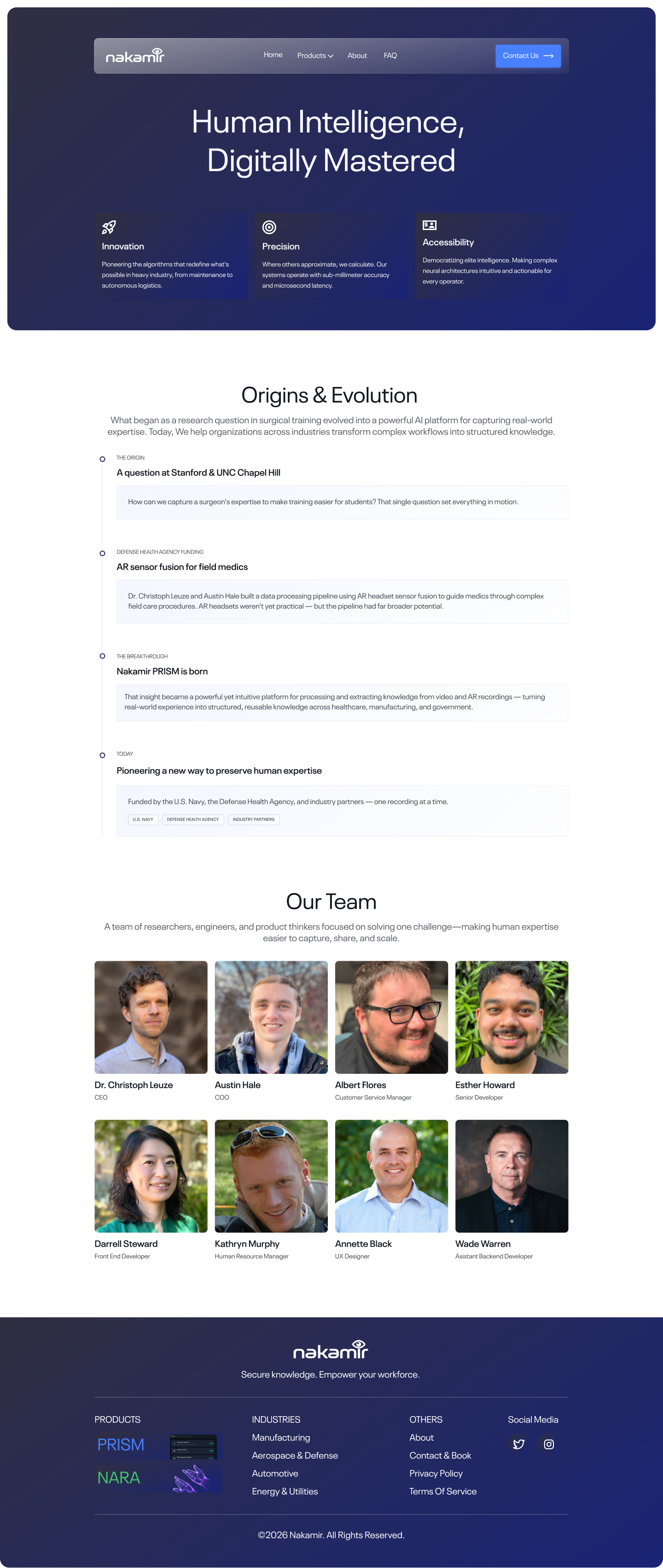 About page: Human Intelligence, Digitally Mastered — team and origins