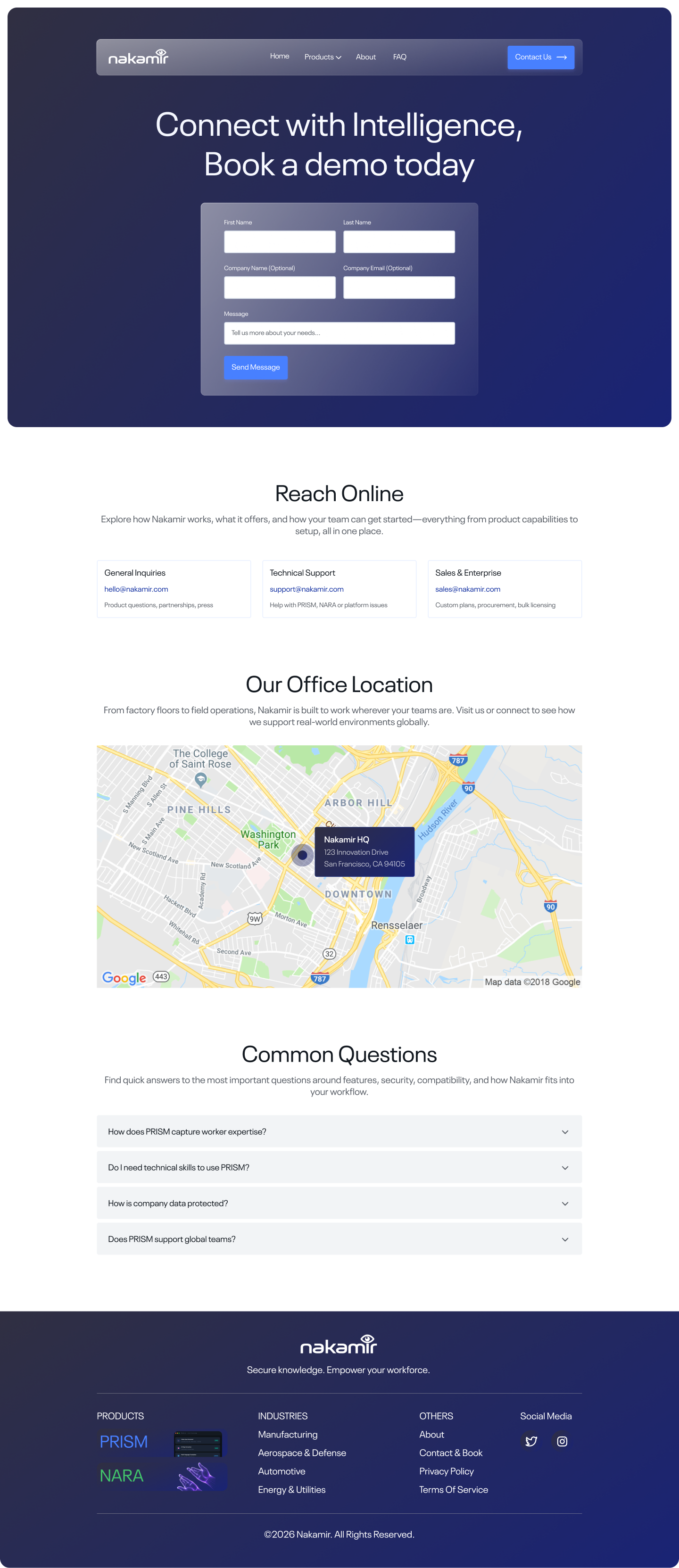 Contact page — demo form, online reach, and office location map