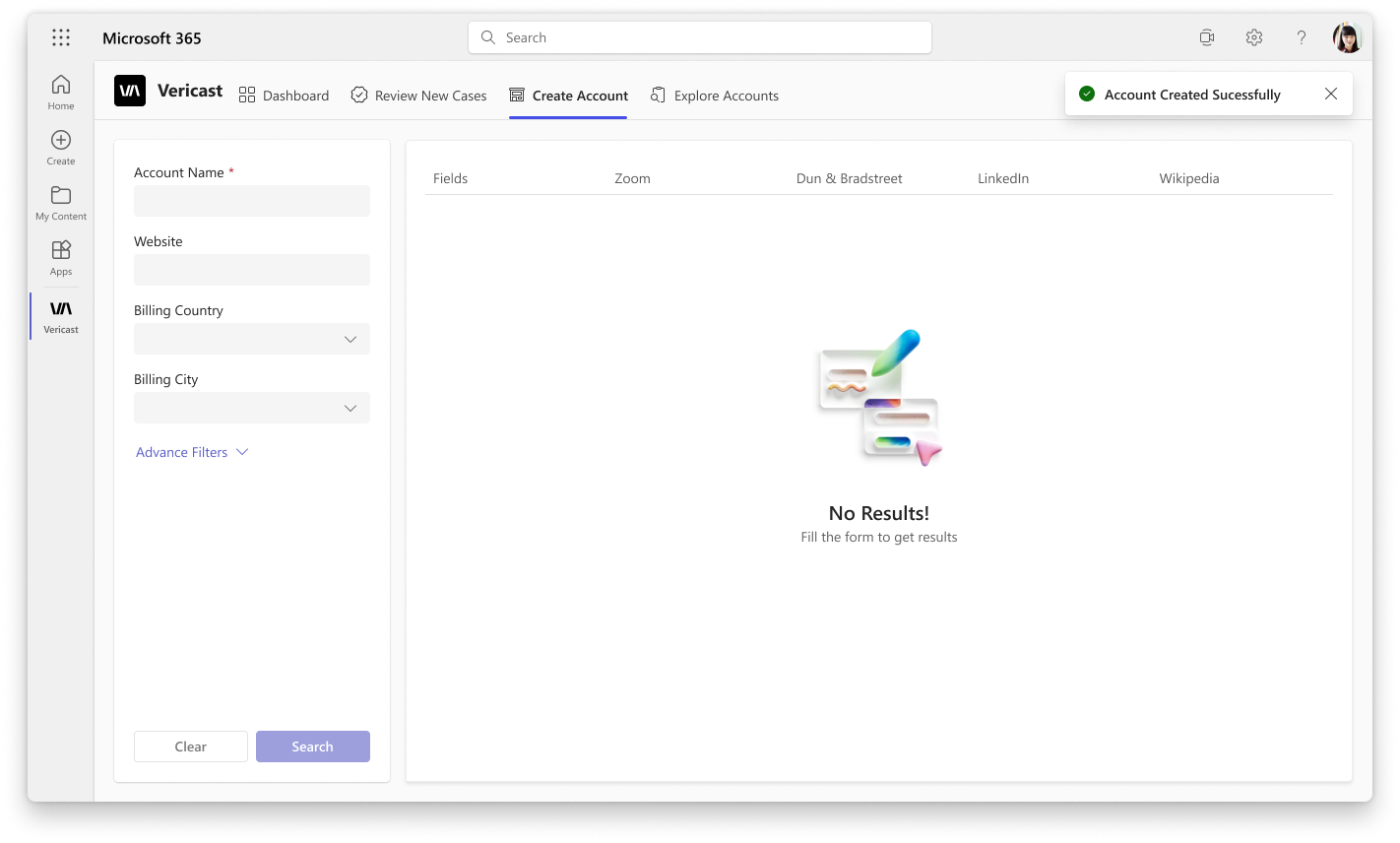 Account Created Successfully confirmation