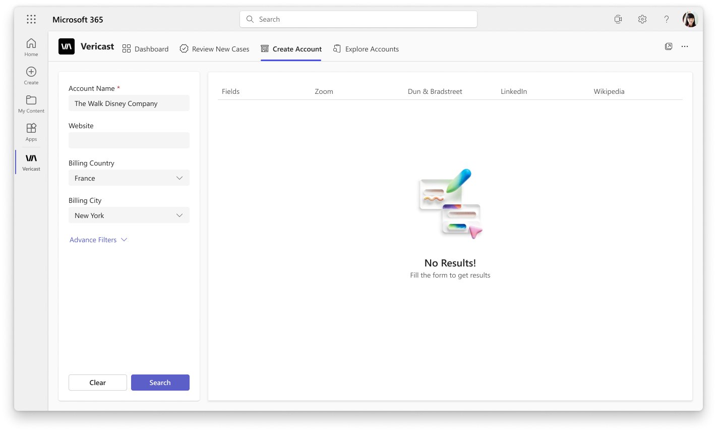 Create Account — empty state with search form