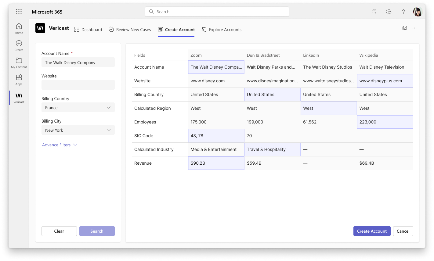 Create Account — search results with multi-source columns