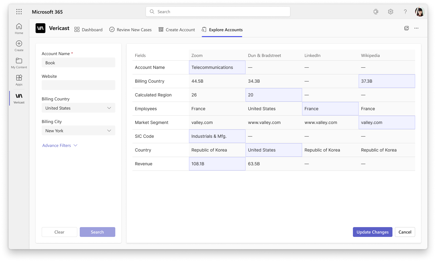 Explore Accounts — edit view with multi-source comparison