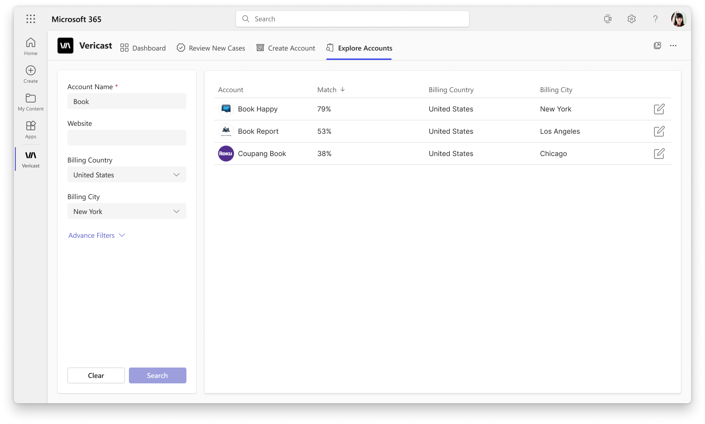 Explore Accounts search results with match percentages